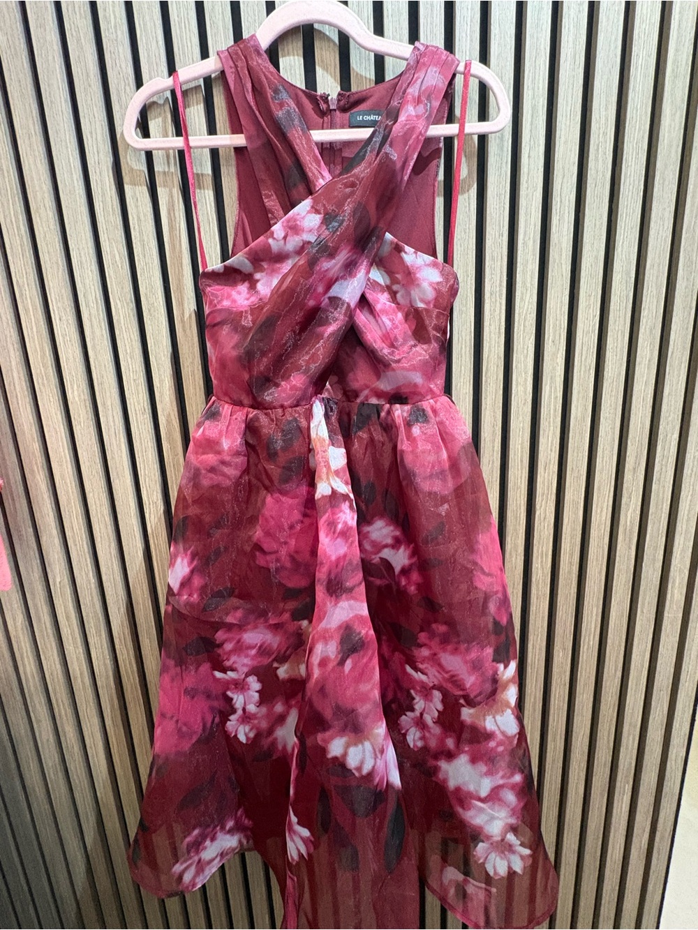 le chateau Wine and Pink Floral Cross-Front Formal Dress